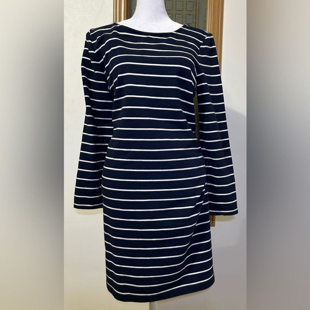 St Tropez West Dress Womens Large Navy White Striped Long Sleeve Mini Terry